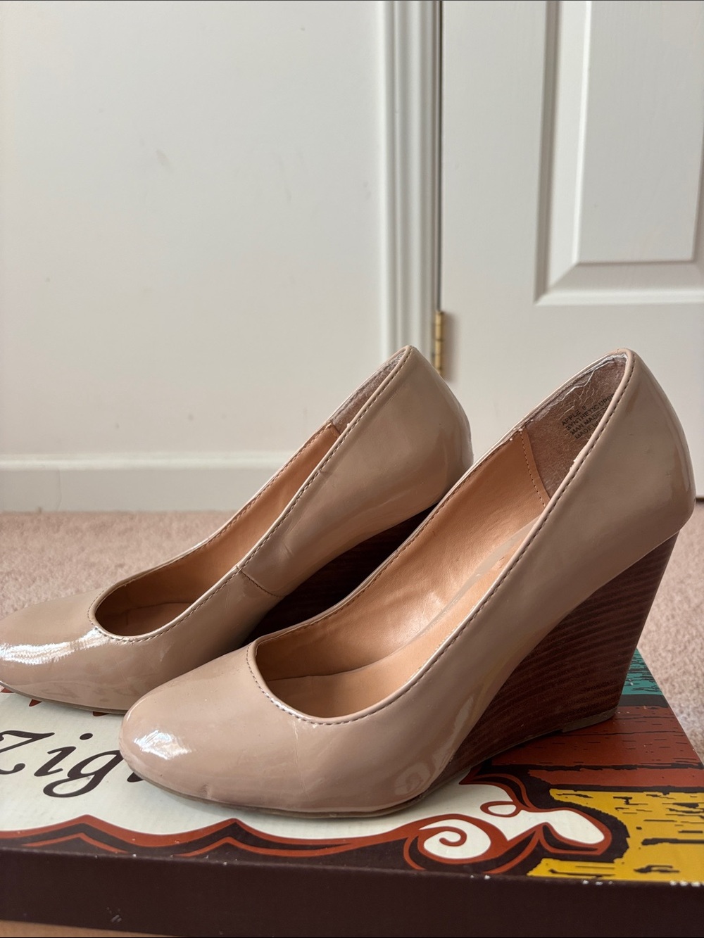 Zigi Soho Patent Wedge Pumps in Nude Beige